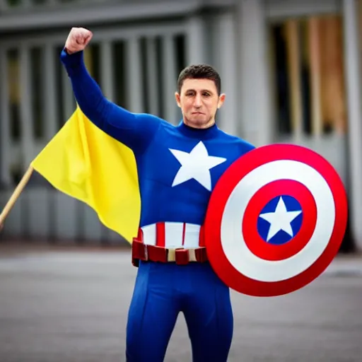 Prompt: Volodimir Zelensky as captain america holding an ukrainian flag on an urban battle field