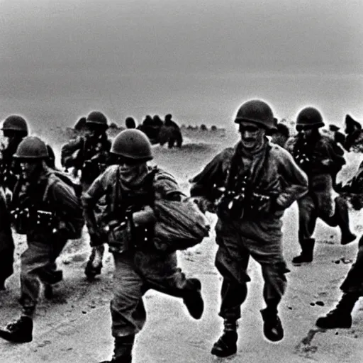 Image similar to the running soldiers in the d - day, by robert capa,