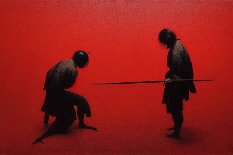 Image similar to only with red, a red samurai do seppuku, tokio, a lot of frogs watch, in the style of beksinski, parts by edward hopper, parts by rodcenko, parts by yue minjun, intricate and epic composition, red by caravaggio, insanely quality, highly detailed, masterpiece, red light, artstation, 4 k