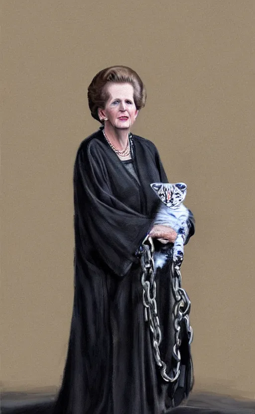 Prompt: an oil portrait of margaret thatcher in ceremonial robe keeping chained distressed servals at her feet, high quality, artstation, higly detailed, dark lighting