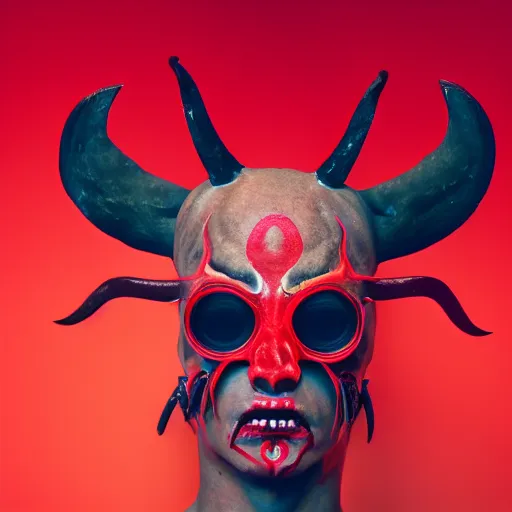 Image similar to A demon, four eyes, four hands, four legs, red skin, epic lighting, taken with Sony a7R camera, EOS-1D, f/1.4, ISO 200, 1/160s, 8K, RAW, unedited, symmetrical balance, in-frame