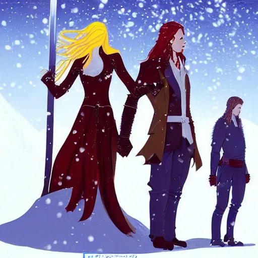 Prompt: A woman and a man are standing in the snow, the woman is leaning against the man, the man has long red hair, the woman has blonde long hair, the man has a red thick sword, the woman has a thin, long sword, a tree almost fully covered in bulky snow, concept art by Fabien Charuau, trending on pixiv, fantasy art, official art, wiccan, concept art, 4k, sharp details