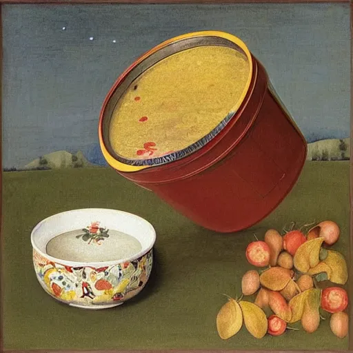 Image similar to ornamented by hsiao - ron cheng, by filippino lippi rococopunk. in this painting, the artist has used a photo - realist style to depict a can of soup. the can is placed on a plain background, & the artist has used bright, primary colors to create a striking image. the painting is both realistic & abstract