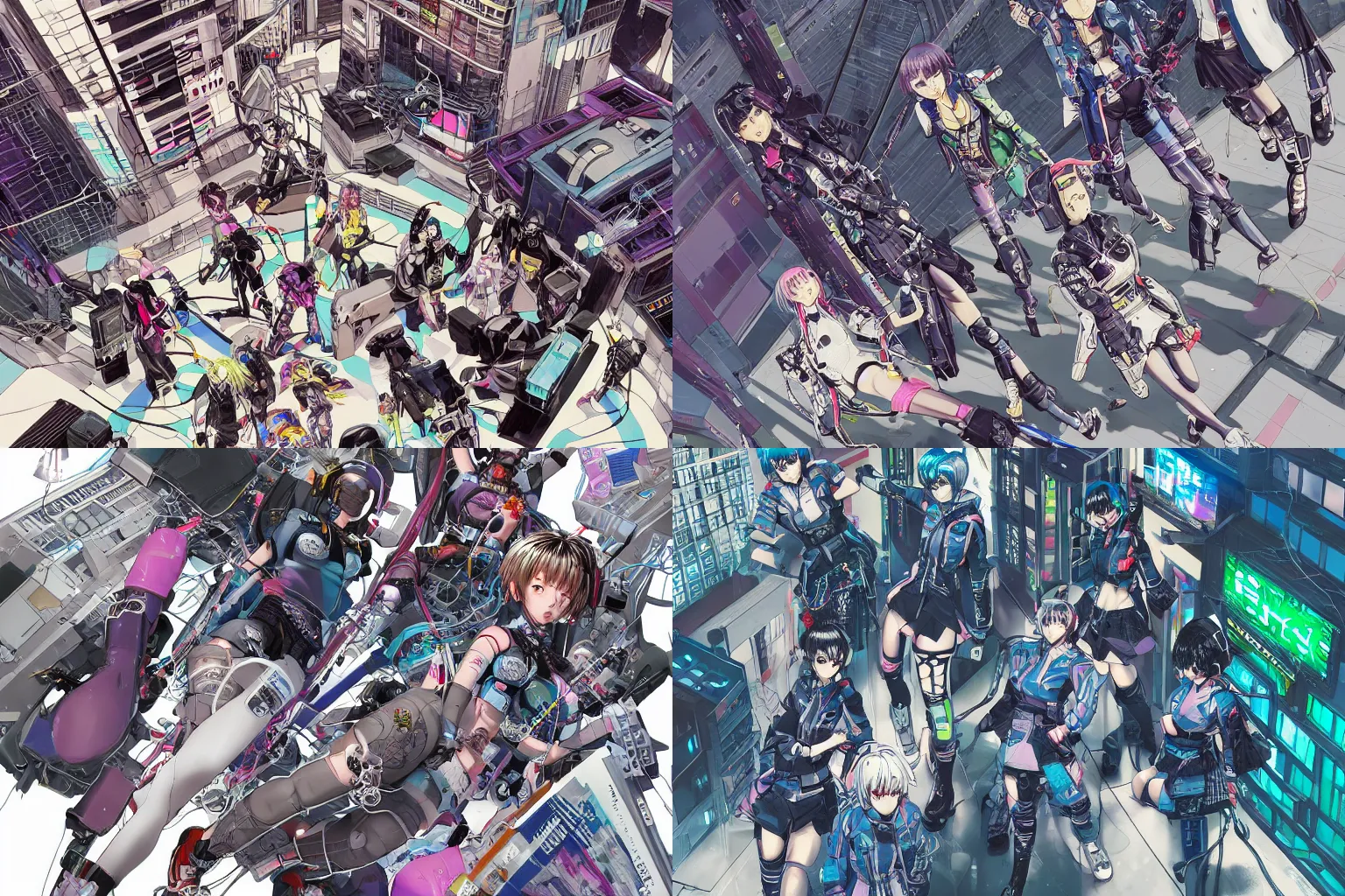 Prompt: a cyberpunk illustration of a group of four super-coherent female androids dressed in seifuku in style of masamune shirow, lying scattered across an empty, white floor with their bodies rotated in different poses and cables and wires coming out, by yukito kishiro and katsuhiro otomo, hyper-detailed, intricate, view from above, colorful