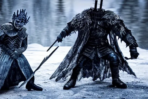 Image similar to very very intricate photorealistic photo of jon snow fighting the night king, photo is in focus with detailed atmospheric lighting, award - winning details