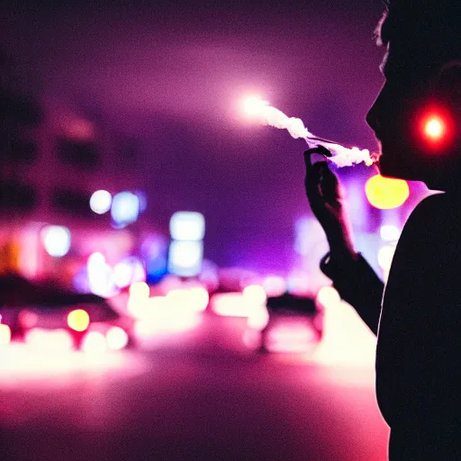 Image similar to silhouette of man smoking cigarette on busy city street, nighttime, neon colors, beautiful close-up photography, 8K