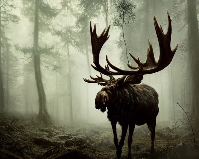 Image similar to 5 5 mm portrait photo of an armored demonic undead rotting moose with red eyes antlers and looking at the camera, in a magical forest. magical atmosphere. art by greg rutkowski and luis royo. highly detailed 8 k. intricate. lifelike. soft light. nikon d 8 5 0.