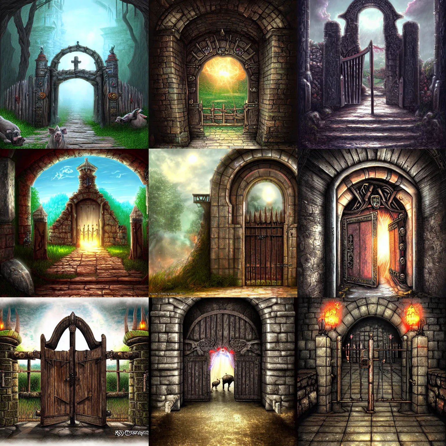 Prompt: The gate to the eternal kingdom of pigs, fantasy, digital art, HD, detailed.