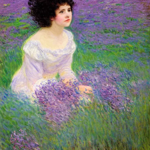 Prompt: portrait of cute girl with short curly black hair sitting in a field of lilac flowers, Monet painting of a modern girl, the grass is desaturated