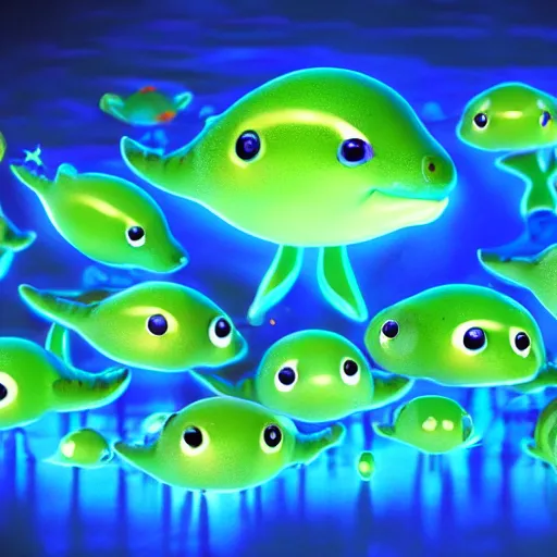 Image similar to smiling baby fish - aquatic tron dinosaurs with glowing blue bio - phosphorescent lines in body. rendered by pixar