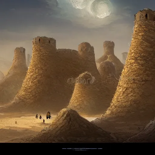 Image similar to detailed and highly intricate art of standstone walls protecting a large desert kingdom with many buildings and towers, 8 k concept fantasy art illustration