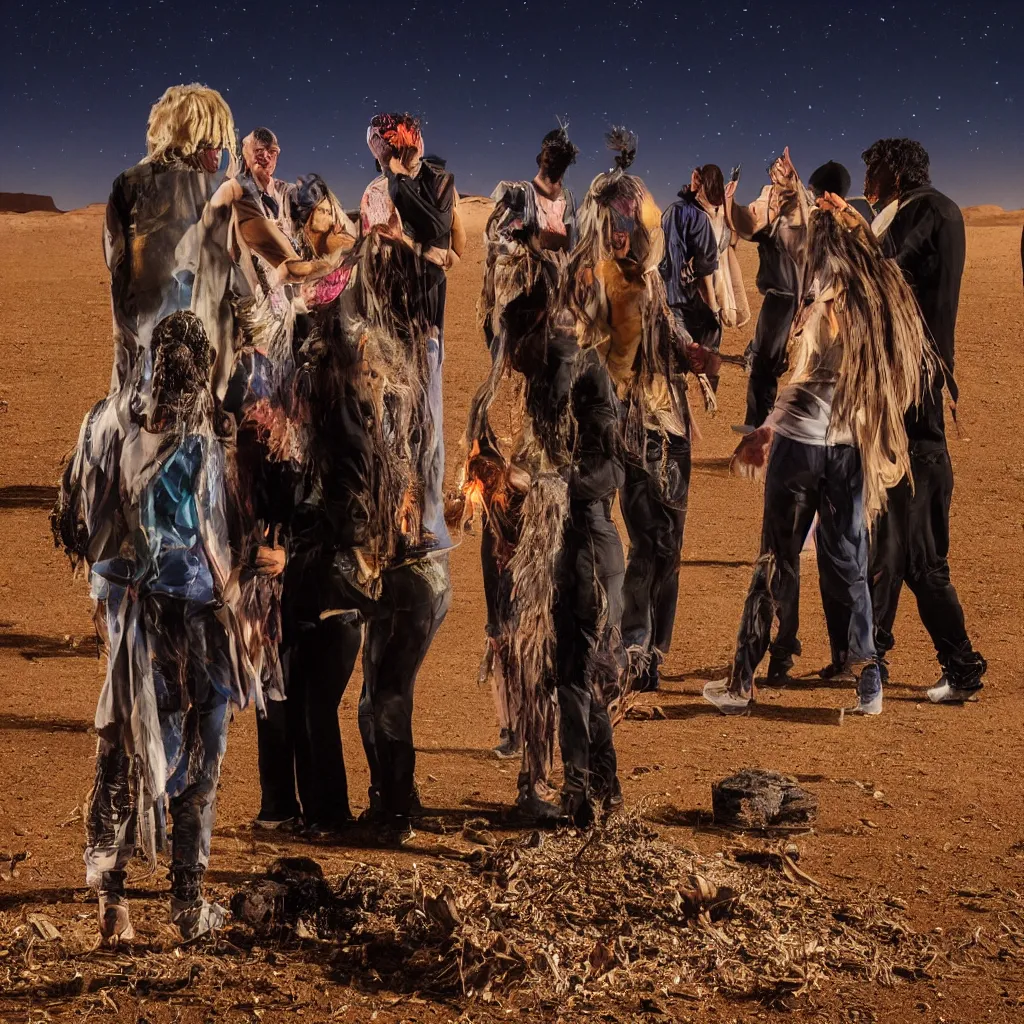 Image similar to photograph of three ravers, two men, one woman, woman is in a trenchcoat, blessing the soil at night, seen from behind, talking around a fire, two aboriginal elders, dancefloor kismet, diverse costumes, clean composition, desert transition area, bonfire, starry night, australian desert, xf iq 4, symmetry, sony a 7 r