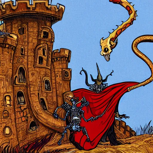 Image similar to A beautiful computer art of a horned, red-eyed, skeleton-like creature, with a long black cape, and a staff with a snake wrapped around it, standing in front of a castle atop a cliff. deep indigo, burnt sienna by Todd McFarlane ordered