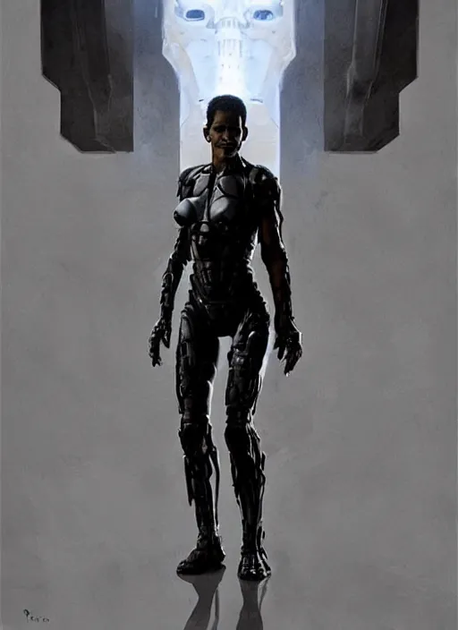 Image similar to halle berry as victor stone, full body concept, cyborg, borg, strogg, face of a man, terminator, flesh, quake strogg, doom demon, wolfenstein, monstrous, powerful, symmetry, symmetrical, concept art by ruan jia and greg rutkowski