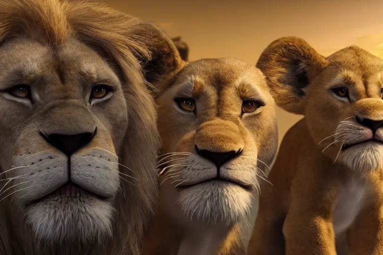 Image similar to simba, mufasa and sarabi from lion king looking at joe biden, symmetry, awesome exposition, very detailed, highly accurate, 8 k, furry