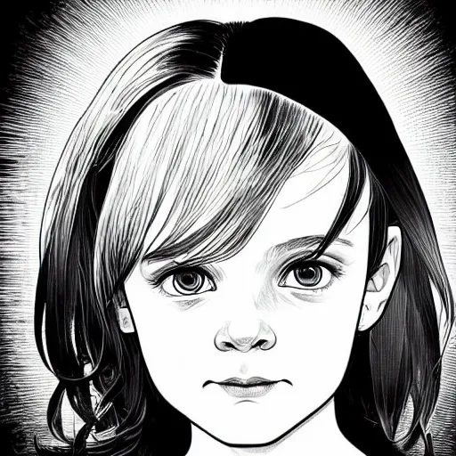 Prompt: clean simple line art of a little girl with short wavy curly light brown hair and blue eyes, a superhero. no background. well composed, clean, black and white, beautiful detailed face line art by ilya kuvshinov and alphonse mucha