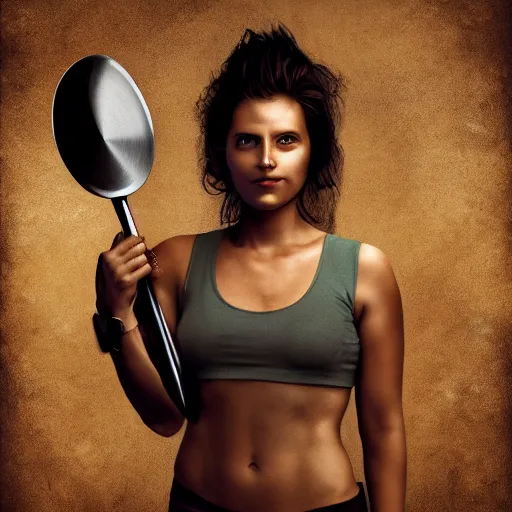 Image similar to a woman warrior holding a frying pan. high definition. hyper realistic. digital art