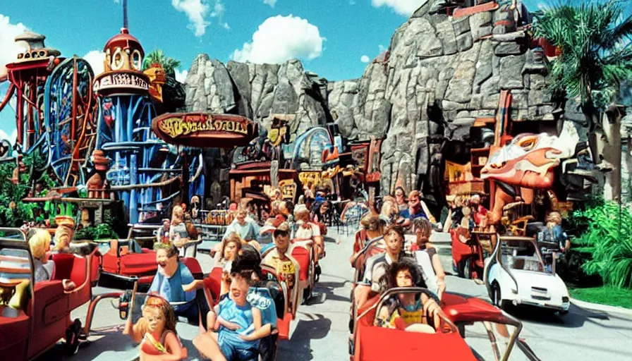 Image similar to 1990s photo of inside the Hey Arnold Ride at Universal Studios in Orlando, Florida, riding through Arnold's neighborhood , cinematic, UHD
