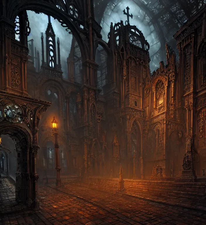 Image similar to steam necropolis, memento mori, gothic, neo - gothic, art nouveau, hyperdetailed copper patina medieval icon, stefan morrell, philippe druillet, ralph mcquarrie, concept art, steampunk, unreal engine, detailed intricate environment, octane render, moody atmospherics, volumetric lighting, ultrasharp, ominous, otherworldly