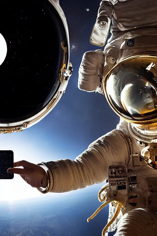 Image similar to historical portrait of space astronaut taking a selfie, holds a smart phone in one hand, phone!! held up to visor, reflection of phone in visor, moon, extreme close shot, soft light, golden glow, award winning photo by michal karcz and yoshitaka amano