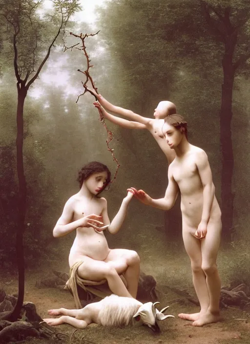 Prompt: boy and girl in pagan clothes performing an occult ritual on a goat in a deep thorns bones bloody forest, by william-adolphe bouguereau and Takato Yamamoto, high resolution, rendered in octane 3d