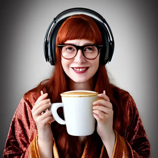 Prompt: a stunning hyper-detailed closeup portrait photo of a beautiful smiling bespectacled woman with long auburn hair and bangs, wearing a luxurious robe, wearing steampunk headphones and posing with her raccoons and parrots in an overstuffed easy chair in her sunlit living room, holding a coffee cup and a donut and smoking an elaborate hookah, perfect eyes, octane render, unreal engine, 85 mm lens,