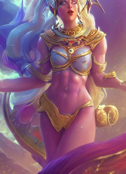 Image similar to divine soraka, from league of legends, health supporter, hyper detailed, digital art, trending in artstation, cinematic lighting, studio quality, smooth render, unreal engine 5 rendered, octane rendered, art style by klimt and nixeu and ian sprigger and wlop and krenz cushart