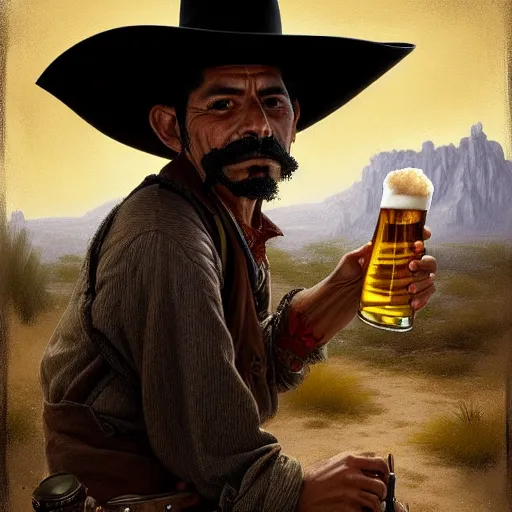 Image similar to illustration of a mexican man, missing one front teeth, with one small, dirt, wild west, with hat drinking a beer on train station, fantasy, intricate, elegant, highly detailed, digital painting, artstation, concept art, matte, sharp focus, art by aenaluck and roberto ferri and greg rutkowski, epic, juan caloto,