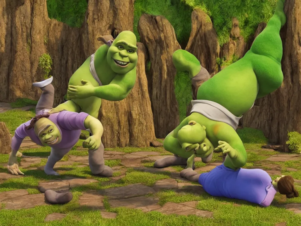 Image similar to shrek breakdancing while lord farquaad is in the back being impressed, High Definition detail, 8K, photography