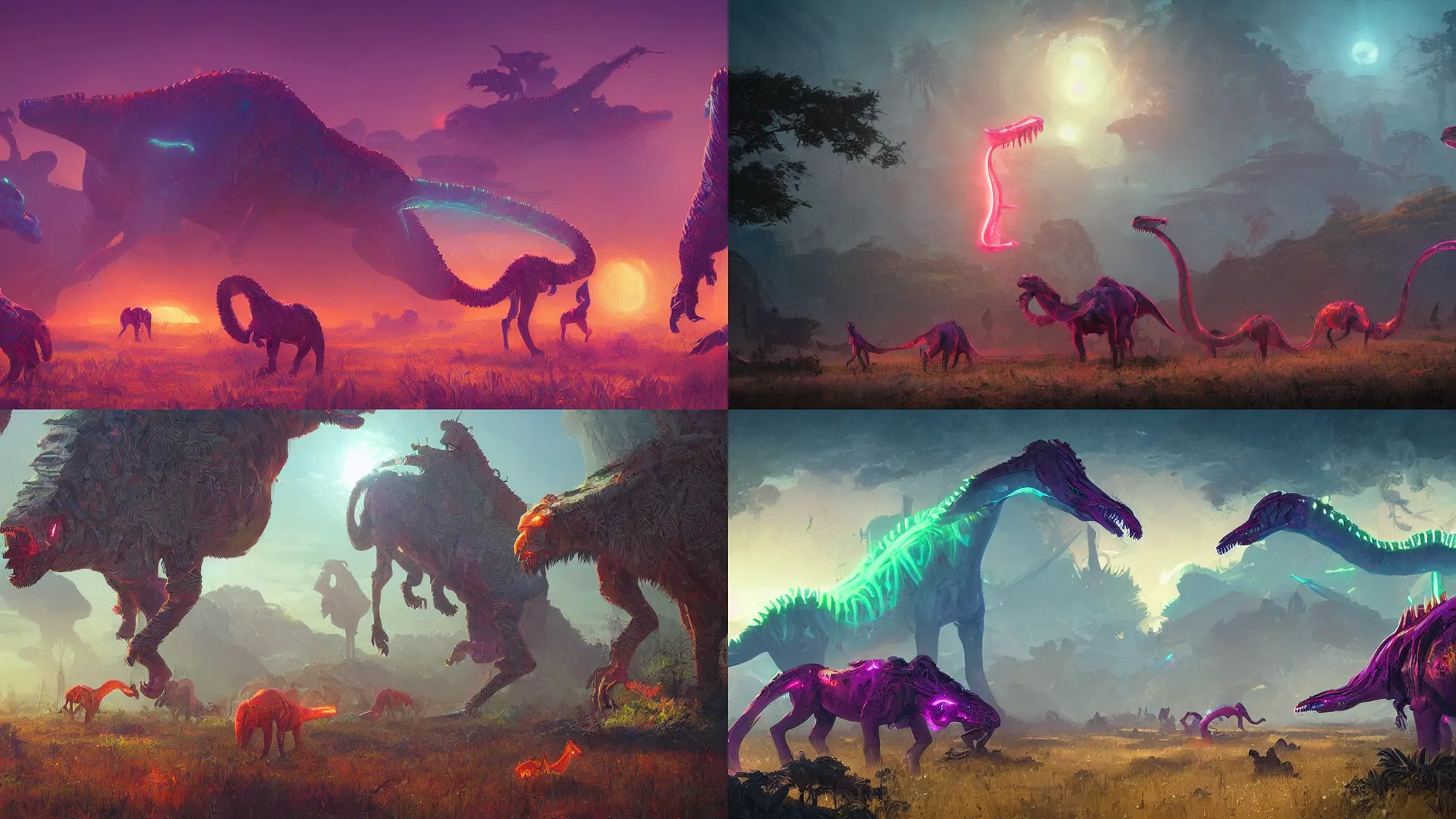 Prompt: glowing neon dinosaurs, on the savannah, vibrant fantasy concept art by greg rutkowski