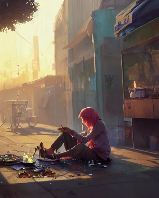 Image similar to portrait of homeless Taylor Swift wearing tattered rags barbecuing shoes on a portable stove, in GTA V, Stephen Bliss, unreal engine, by Greg Rutkowski, Loish, Rhads, Makoto Shinkai and Lois van baarle, ilya kuvshinov, rossdraws, global illumination, radiant light, detailed and intricate environment