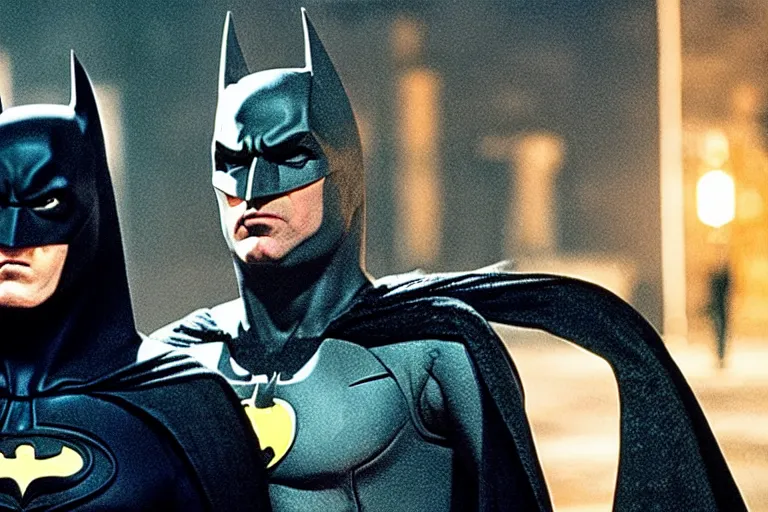 Image similar to Michael Keaton Batman from 1989 meets Ben Affleck Batman from the modern DCEU, ultra realistic, 4K, movie still, UHD, sharp, cinematic