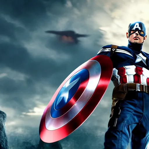 Image similar to captain america, battle scene, war in background, in style of solo leveling, anime, high definition