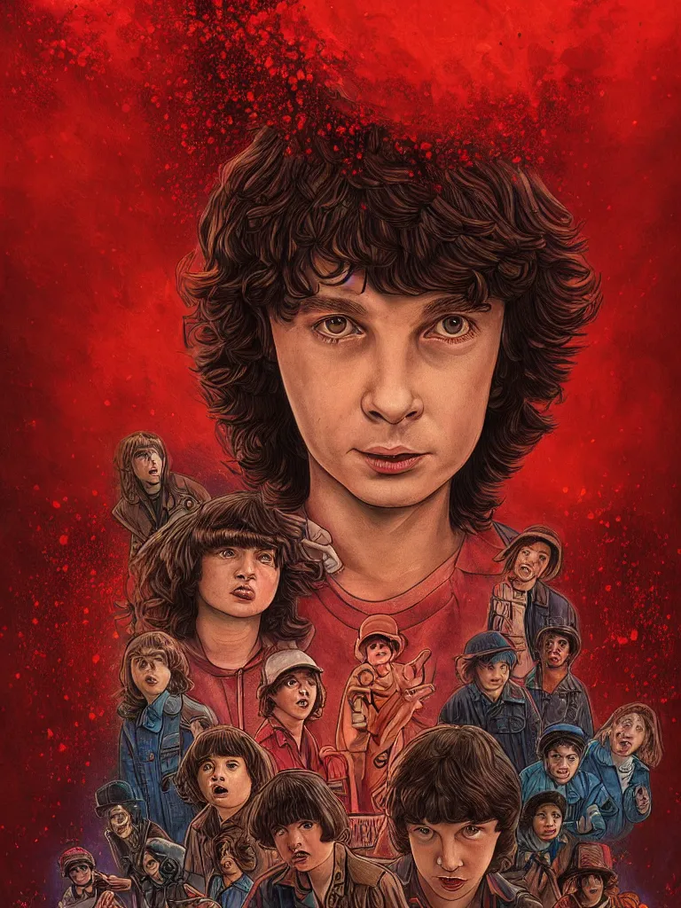 Image similar to A new Stranger Things poster, a detailed painting featuring Finn Wolfhard (Mike Wheeler) from Stranger Things turned on his back floating around being surrounded by red dust from the series, spiders crawling out of the ground, rain, fear, Andrew Ferez traits, cg society, fantasy art, biomorphic, mystical, whimsical, 8k