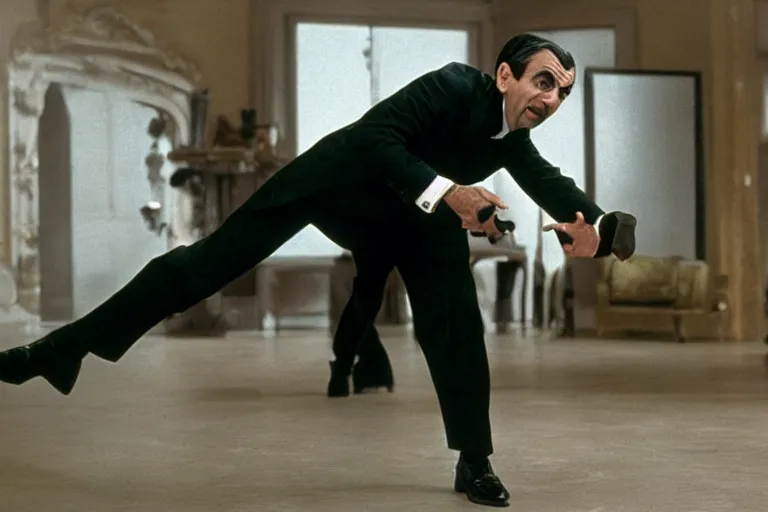 Image similar to mr bean from 1 9 9 0 s as james bond in an action scene fighting a villain, professional photography, 8 k, cinematic