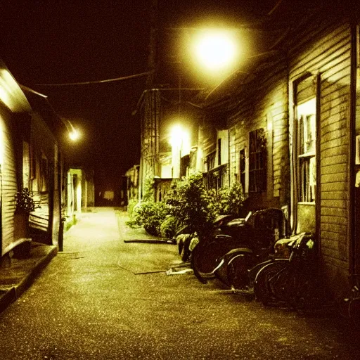 Prompt: “a mysterious neighborhood in the evening. Cozy, creepy. Pentax 50mm (2007)”