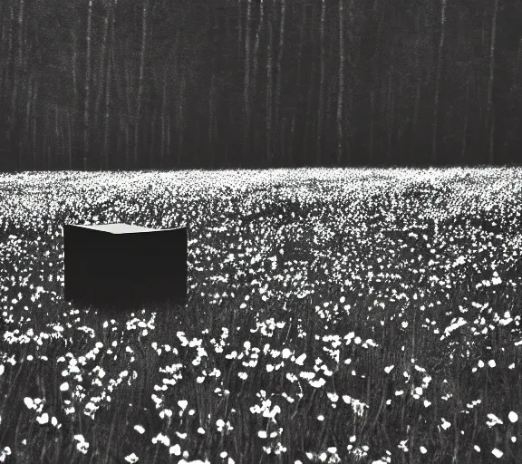 Image similar to black box on the field flowers, by Andrei Tarkovsky, mist, forest, lomography effect, photo, monochrome, photo blurring, 35mm