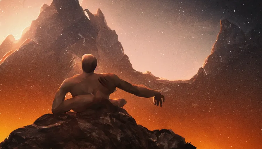 Image similar to close up artwork of a man channeling the cosmos on top of a mountain, a battle rages on below him, digital art, trending on artstation, 4k, dusk