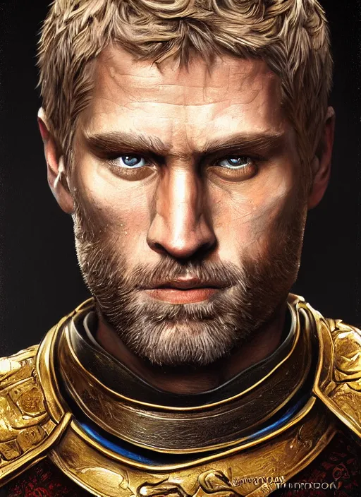 Image similar to highly detailed oil painting, masterpiece portrait warrior male lannister, fantasy character portrait, dynamic pose, above view, top lighting, realistic shaded, perfect face, 8 k realistic, hyper detailed, digital painting, artstation, concept art, hyper detailed eyes, cinematic lighting, dynamic pose, above view