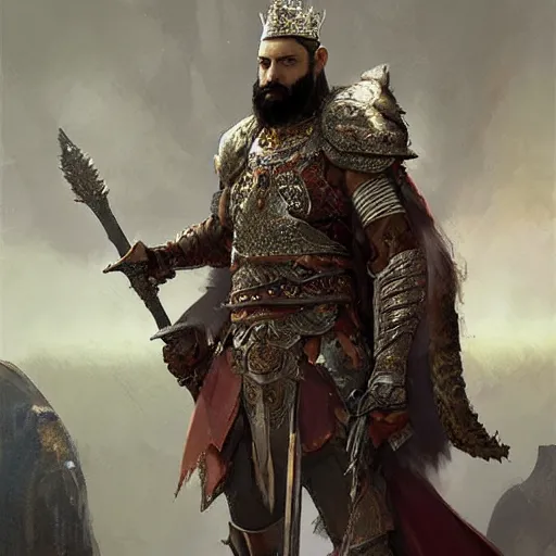 Prompt: An upper body portrait of a king with a trimmed beard, dual wielding swords, wearing dragonscale armor and a cheetah pelt cloak, fantasy, digital art by Ruan Jia