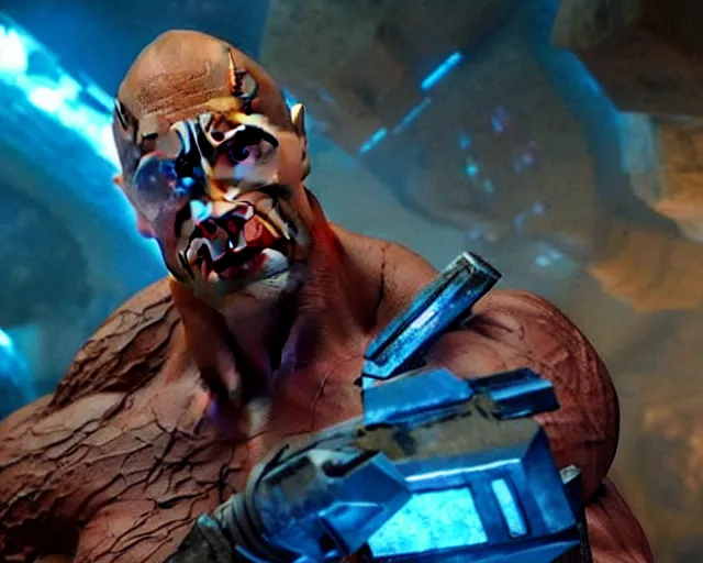 Prompt: the rock as a stone golem, space mercenary, still from the movie guardians of the galaxy