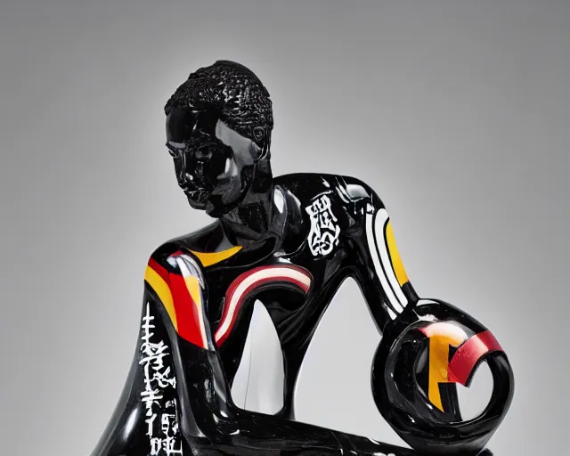 Image similar to extremely beautiful black marble statue with colorful japanese motorcycle logos in the style of fashion designer virgil abloh, sharp focus, clear, detailed,, cinematic, detailed, off white, glamourous, symmetrical, vogue, editorial, fashion, magazine shoot, glossy