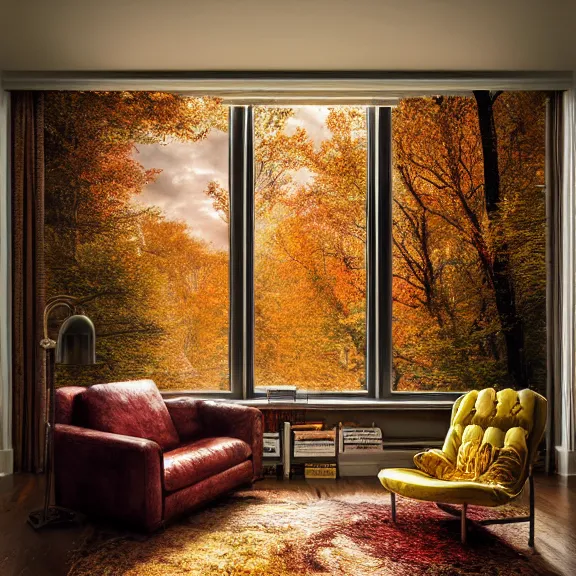 Image similar to fantastical living room with autumn chicago landscape in the window by marc adamus, beautiful dramatic lighting, overgrown with funghi, coat rack with coat hanging off, style by peter deligdisch, peterdraws