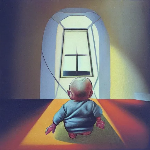 Prompt: a big head baby in floor inside a dark house, surrealism