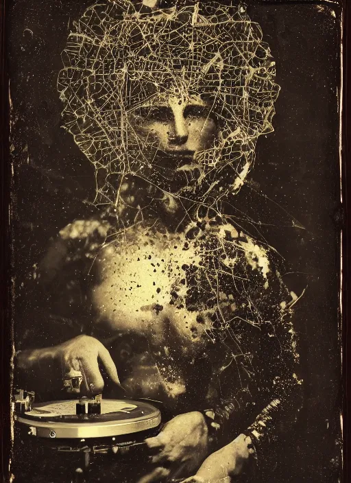 Prompt: old wetplate daguerreotype, portrait of god is a dj, explosion of data fragments, fractal, intricate, elegant, highly detailed, parallax, leica, medium format, subsurface scattering, by jheronimus bosch and greg rutkowski and louis jacques mande daguerre