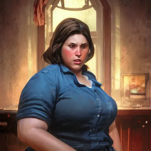 Image similar to portrait of a brunette chubby woman with blue eyes in fallout 4, light stubble with red shirt inside victorian mansion praying to god ,digital art,photorealistoc,art by greg rutkowski,hyperdetailed,western comic style,comic,comic style,sharp lineart,professional lighting,deviantart,artstation,trevor henderson,rossdtaws,cinematic,dramatic