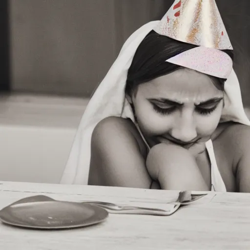 Image similar to a girl with a white headkerchief sitting alone on a birthday table looking sad