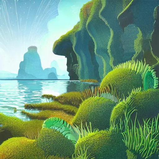 Image similar to digital painting of a lush natural scene on an alien planet by moebius. ultra sharp high quality digital render. detailed. beautiful landscape. colourful weird vegetation. cliffs and water.