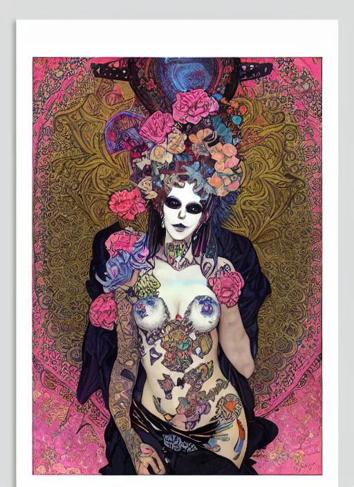 Prompt: cute punk goth fashion fractal Día de los Muertos tattooed blonde girl posing, psychedelic poster art of by Victor Moscoso Rick Griffin Alphonse Mucha Gustav Klimt Ayami Kojima Amano Charlie Bowater, masterpiece