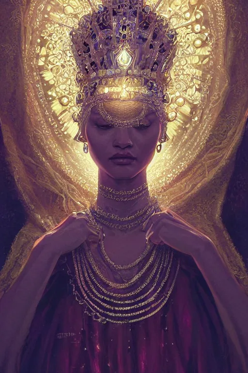 Image similar to portrait of majestic royal queen in her thrown with jewels, staring directly into camera, intricate, elegant, glowing lights, highly detailed, digital painting, artstation, sharp focus, illustration, art by wlop, mars ravelo and greg rutkowski